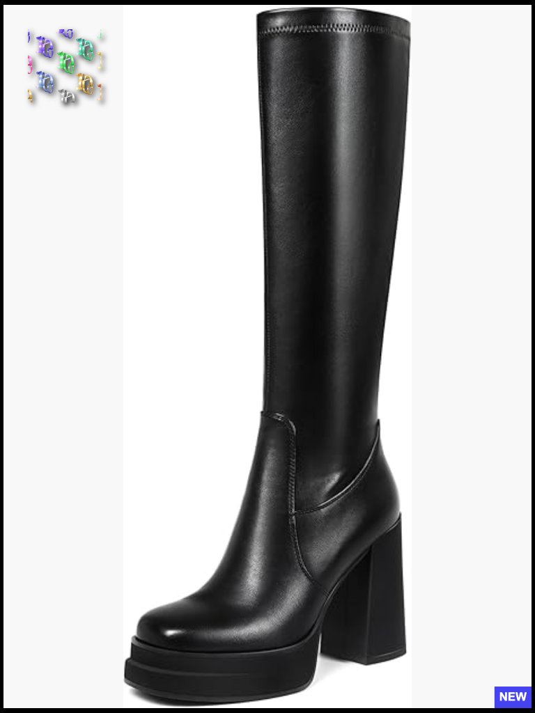 Chunky Heel Knee High Boots Square Toe Gogo Stretchy Long Boots 4.3" Platform